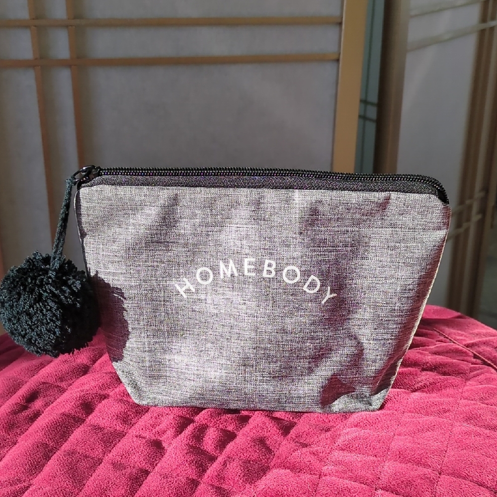 Gray HOMEBODY Pouch with Black Pom Pom